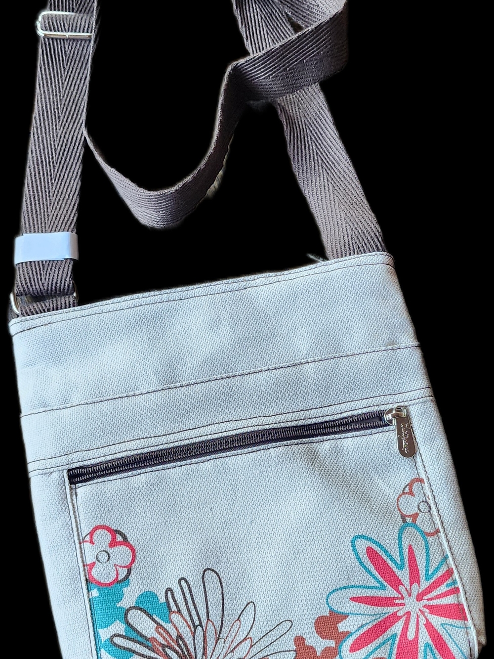 thirty-one Light Blue Floral Canvas Crossbody with Brown Strap